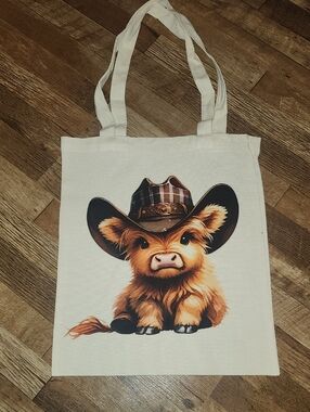 Kids Cute Highland Calf Canvas Tote Bag - Cream. 13x15